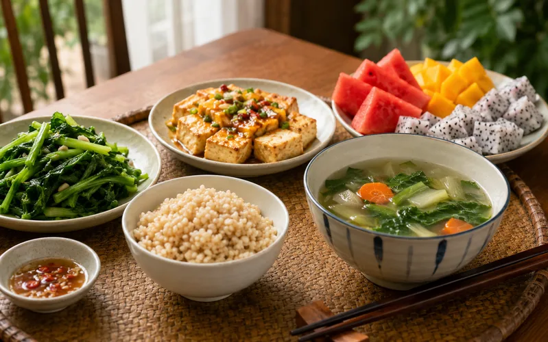 Bữa cơm Việt có nhiều thực phẩm giàu chất xơ như rau luộc, canh rau, khoai lang, đậu, gạo lứt, bắp, ổi và táo.